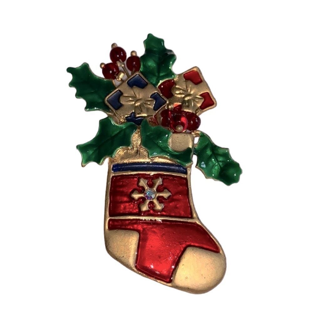CHRISTMAS Brooch Pin - Gold Tone Red & Green Enameled Stocking